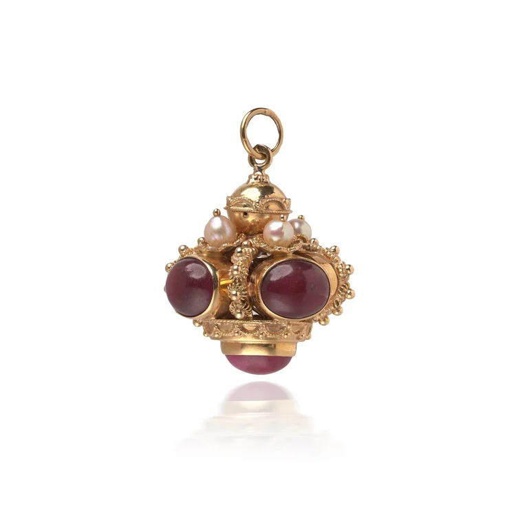 Renaissance Revival Ruby, Pearl and 18KT Gold Lantern Pendant