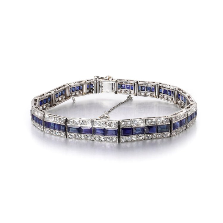 Art Deco Platinum Calibre-Cut Sapphire and Diamond Bracelet