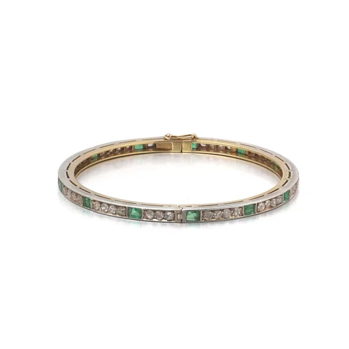 Victorian Silver-Topped 18KT Gold Emerald and Rose-Cut Diamond Bangle