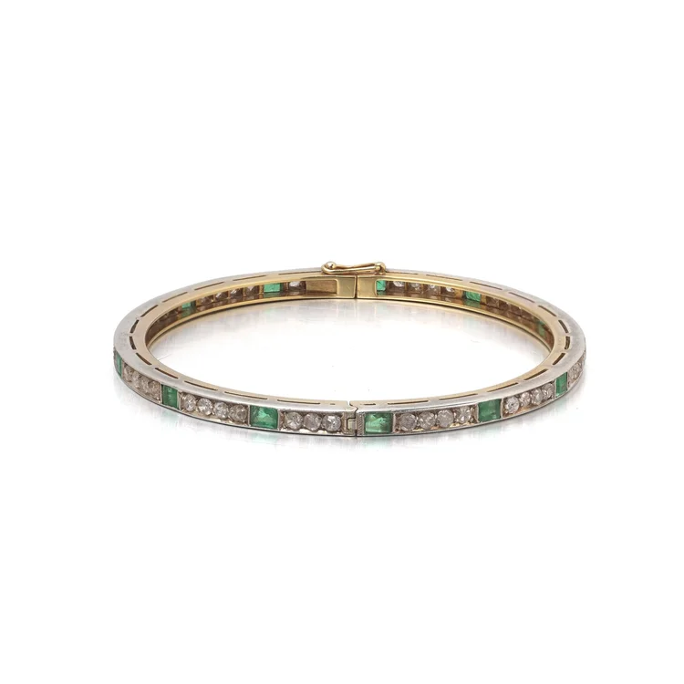 Victorian Silver-Topped 18KT Gold Emerald and Rose-Cut Diamond Bangle
