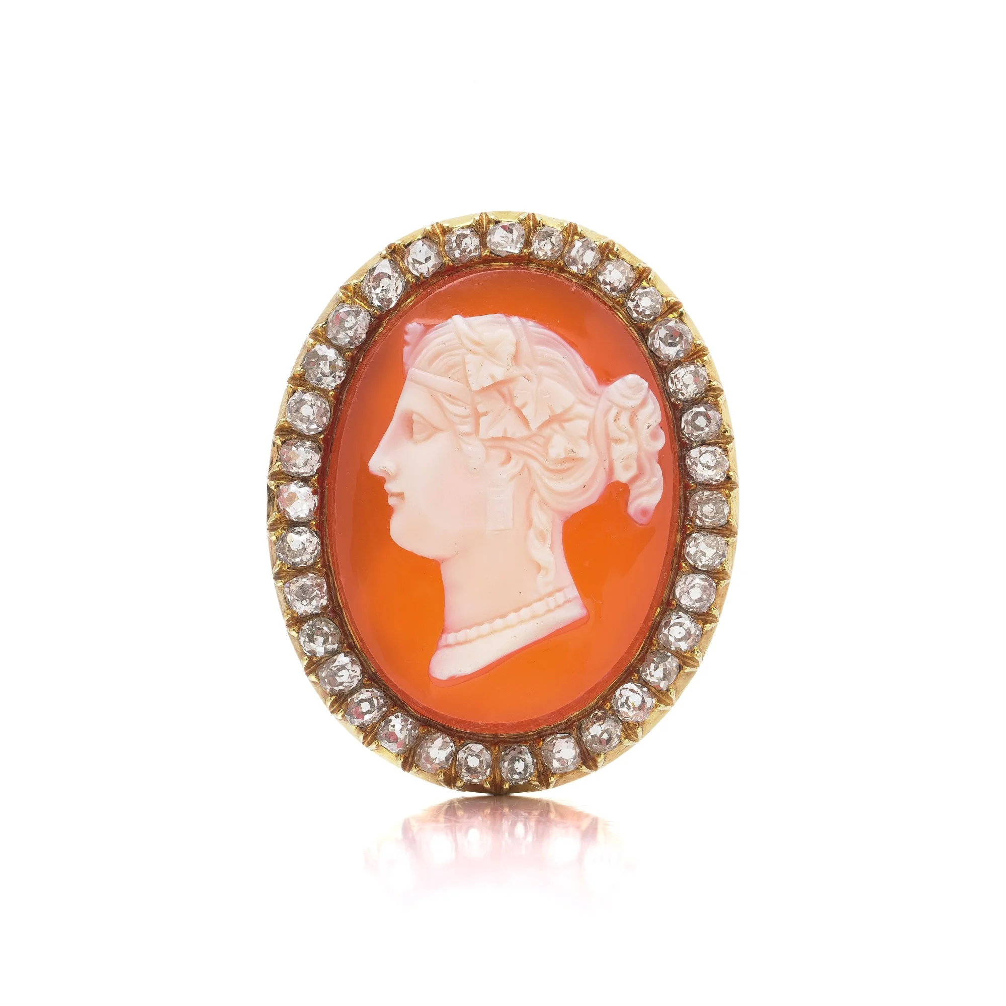 Victorian 18KT Gold Carnelian Shell Cameo and Old-Cut Diamond Brooch