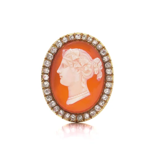 Victorian 18KT Gold Carnelian Shell Cameo and Old-Cut Diamond Brooch