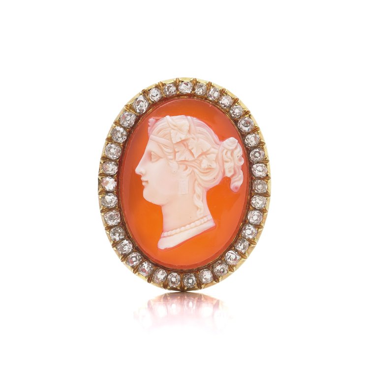 Victorian 18KT Gold Carnelian Shell Cameo and Old-Cut Diamond Brooch