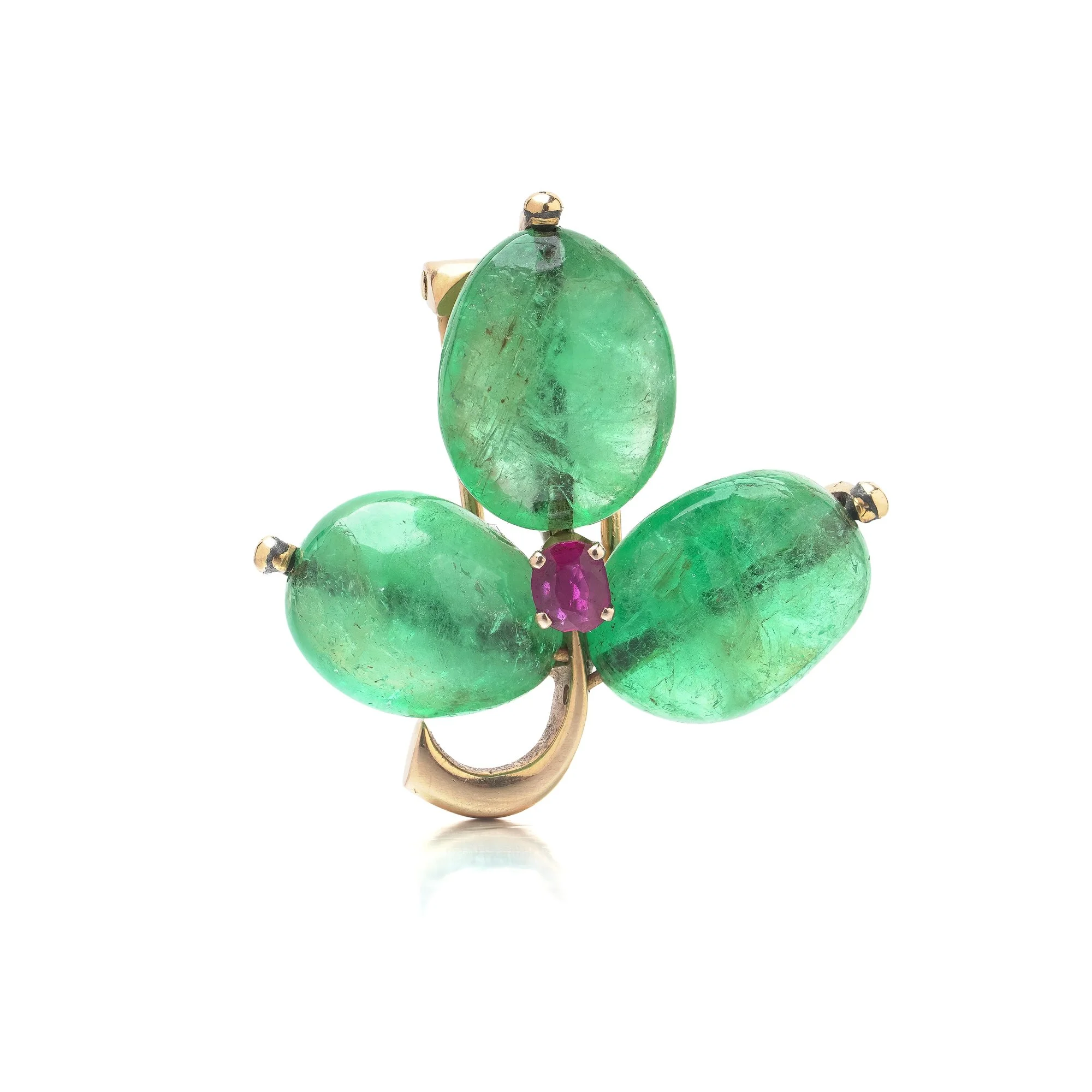 Antique 18KT Gold Cabochon Emerald and Ruby Three-Leaf Clover Brooch