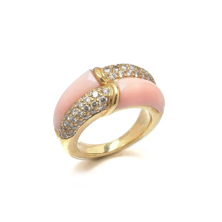 Vintage 18KT Gold Angel Skin Coral and Diamond Bombe Ring