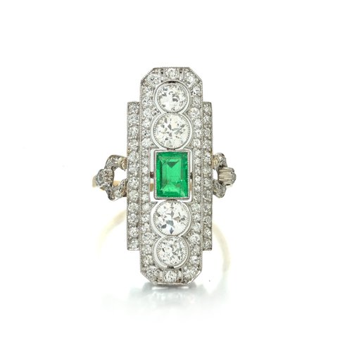 Art Deco Emerald and Diamond Plaque Ring, Platinum and 18ct Gold