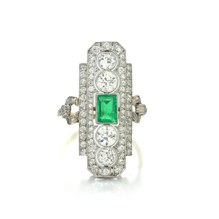 Art Deco Emerald and Diamond Plaque Ring, Platinum and 18ct Gold