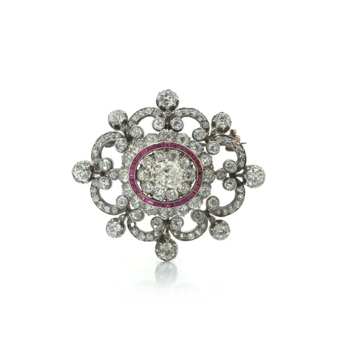 Antique Victorian Diamond and Ruby Brooch, 9ct Gold and Silver