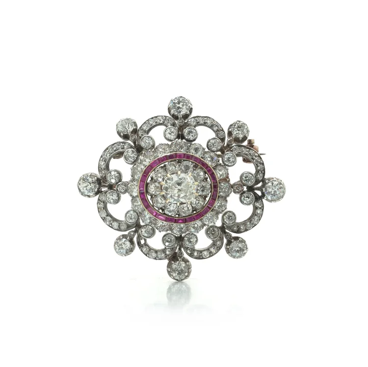 Antique Victorian Diamond and Ruby Brooch, 9ct Gold and Silver
