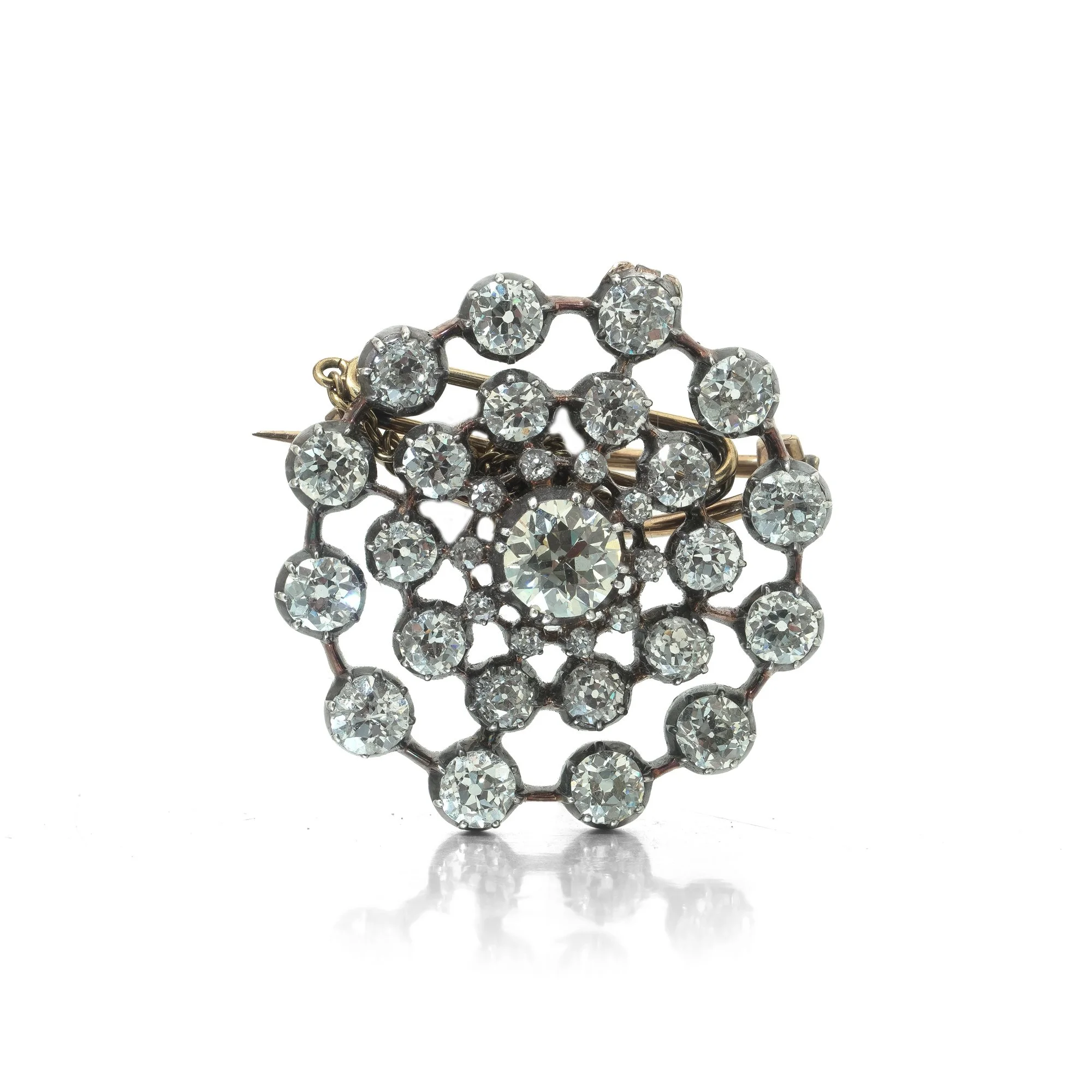 Antique Victorian Diamond Cluster Brooch, 9ct Gold and Silver
