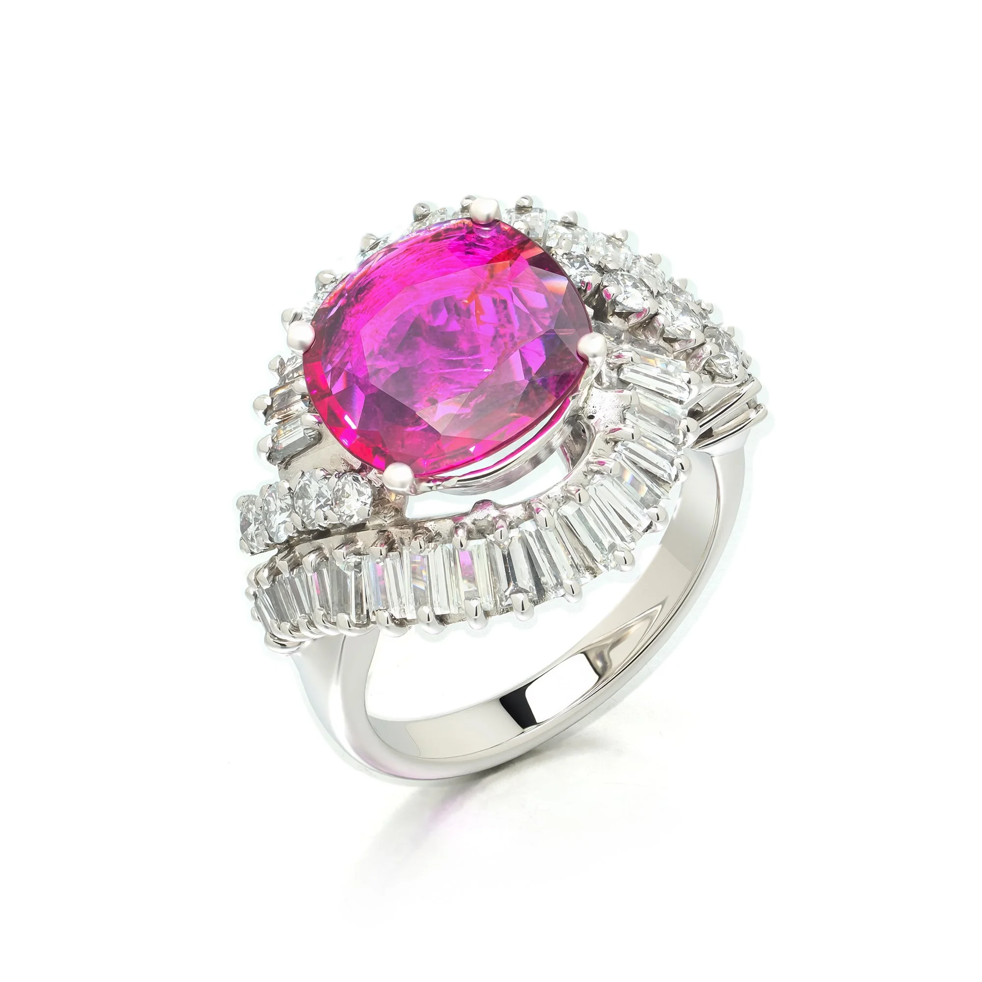 White Gold Ruby and Diamond Ballerina Cocktail Ring, 2.25ct Ruby