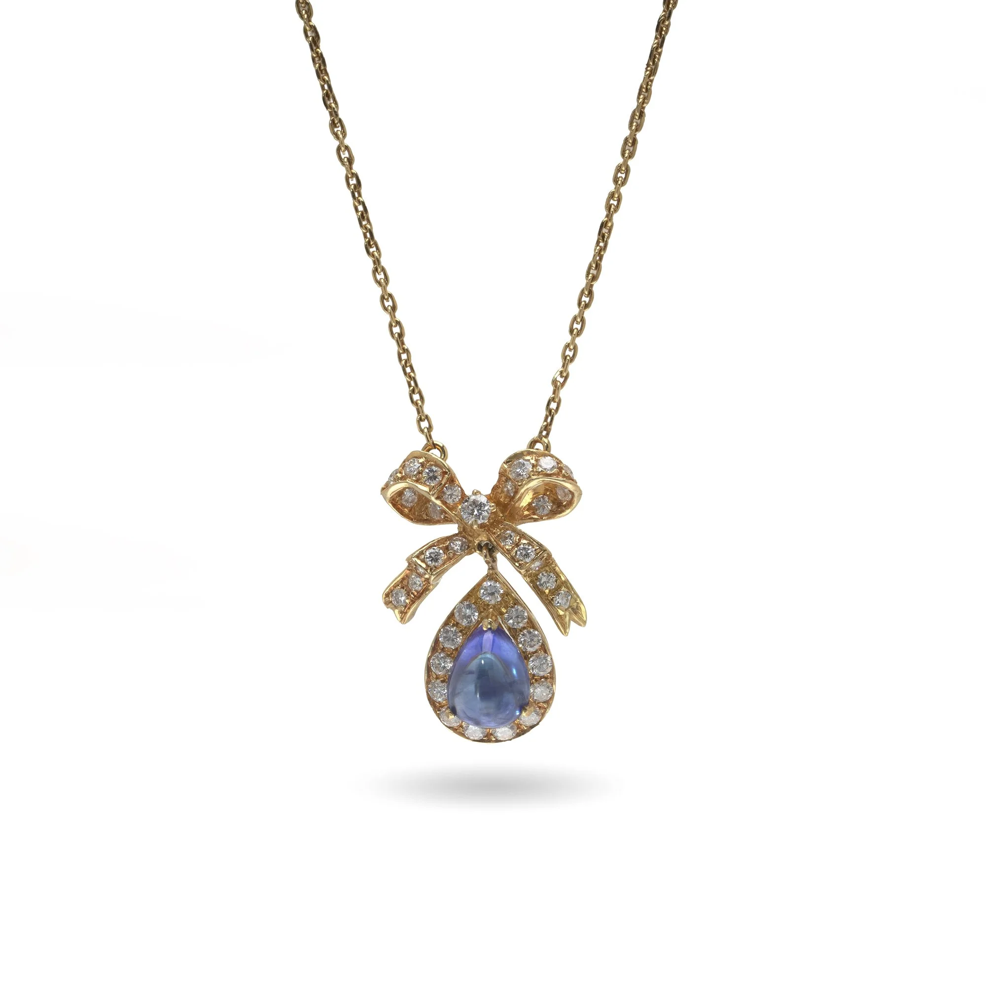 Vintage Sapphire & Diamond Bow Pendant Necklace, 18KT Gold