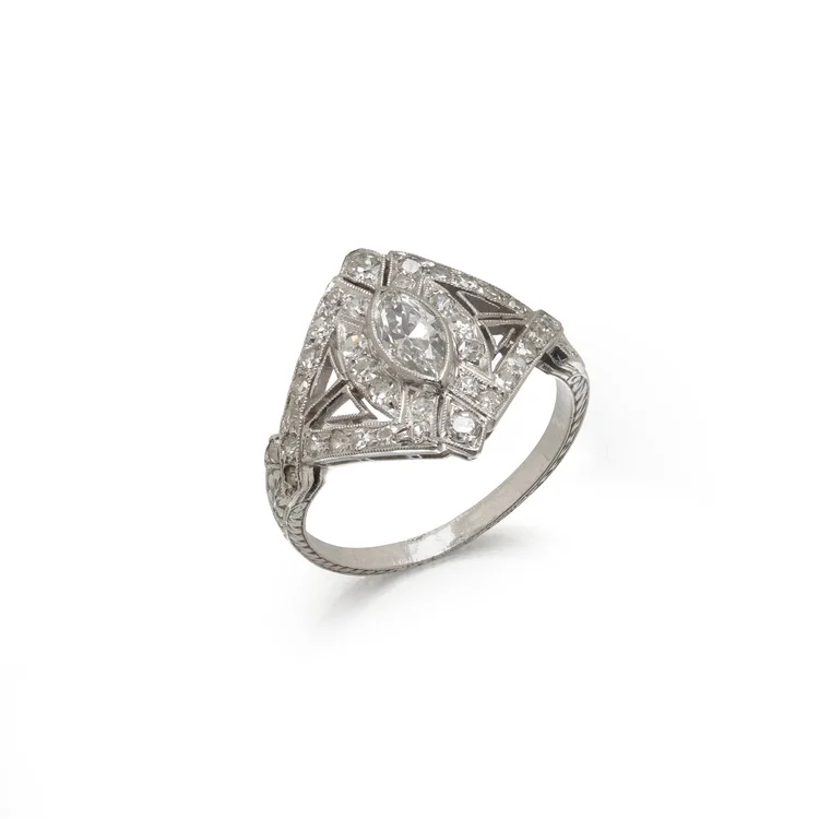 Art Deco Diamond Ring, Marquise Diamond Plaque