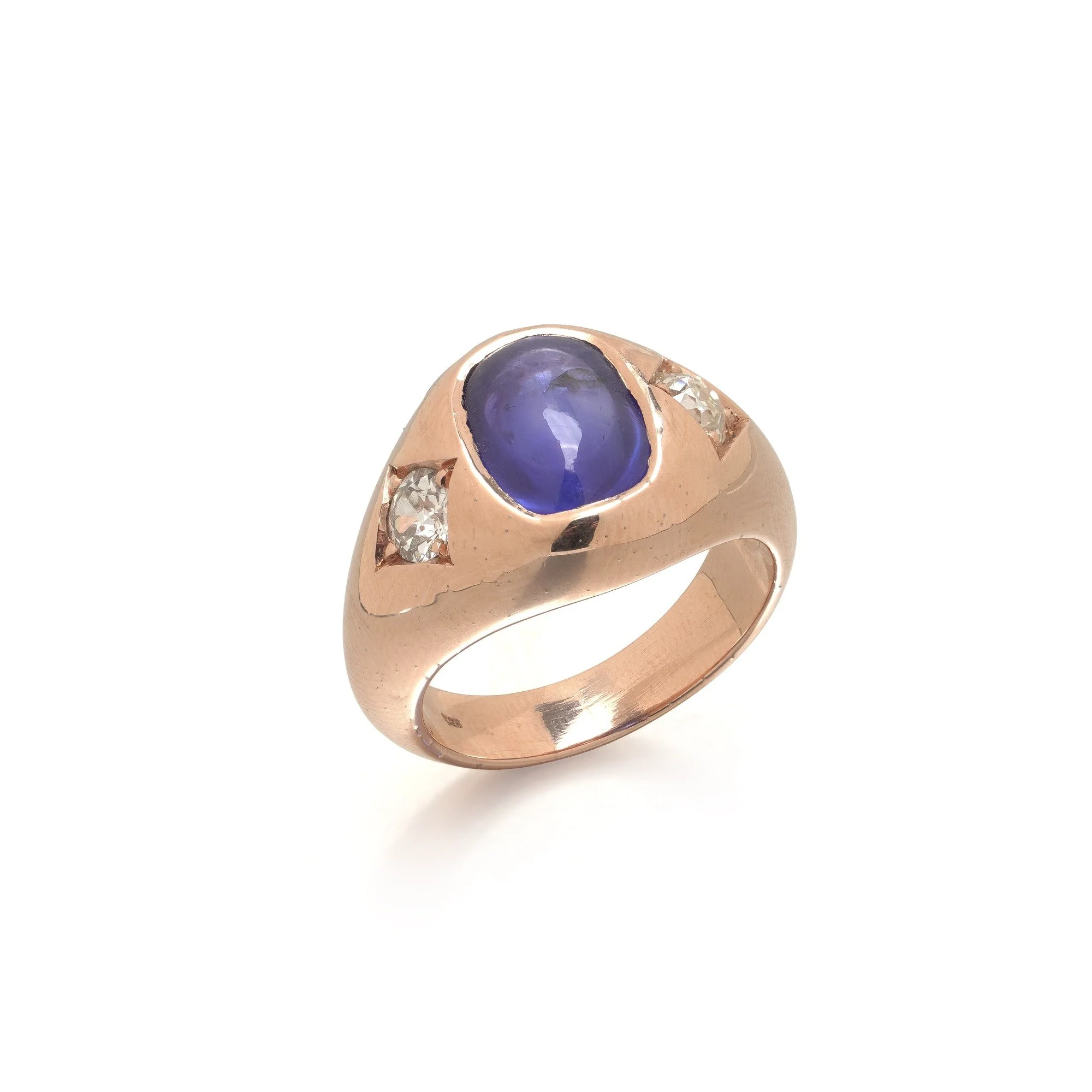Antique Sapphire & Diamond Ring, Cabochon Sapphire, 18KT Rose Gold