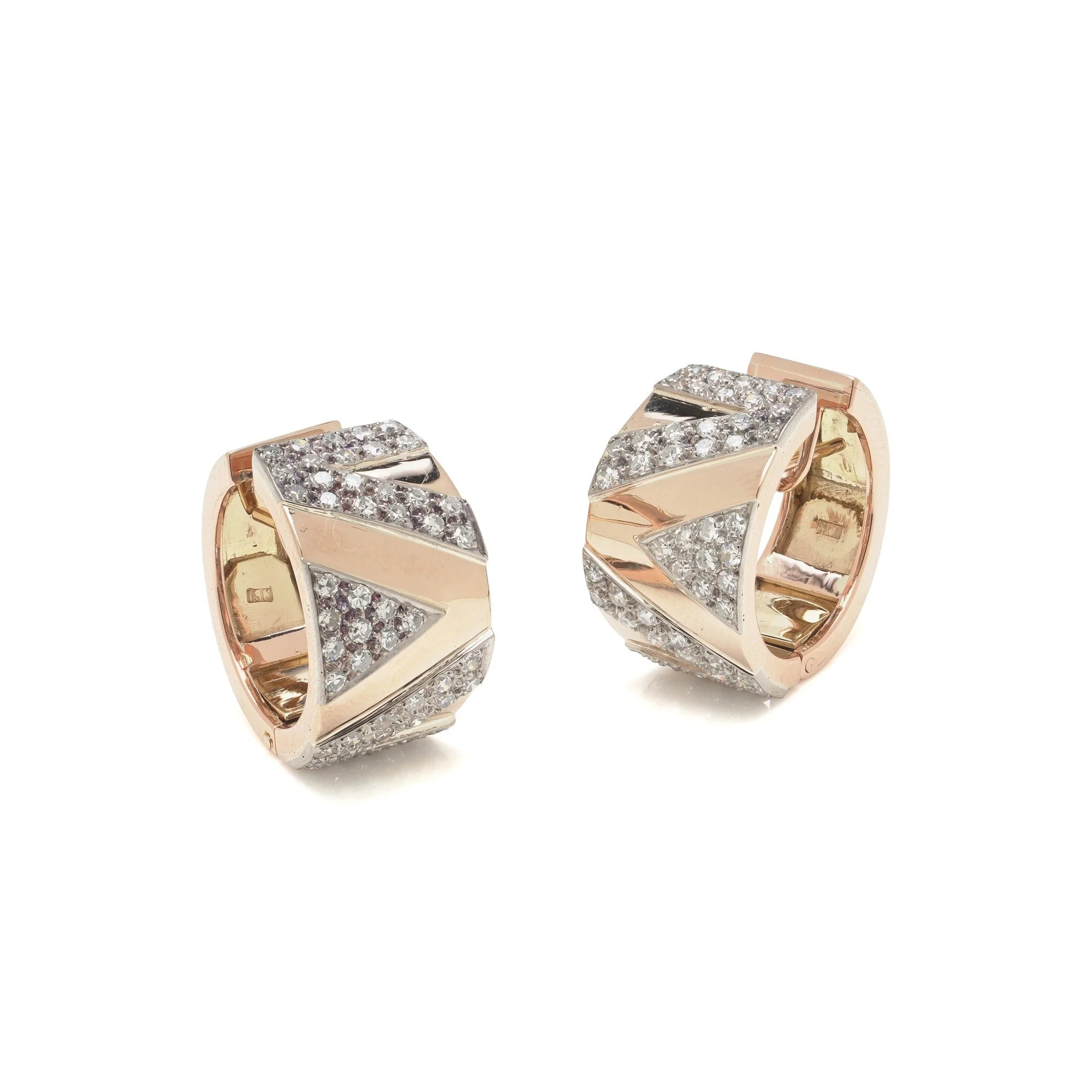 Vintage Diamond Hoop Earrings, 18KT Rose Gold, 1970s
