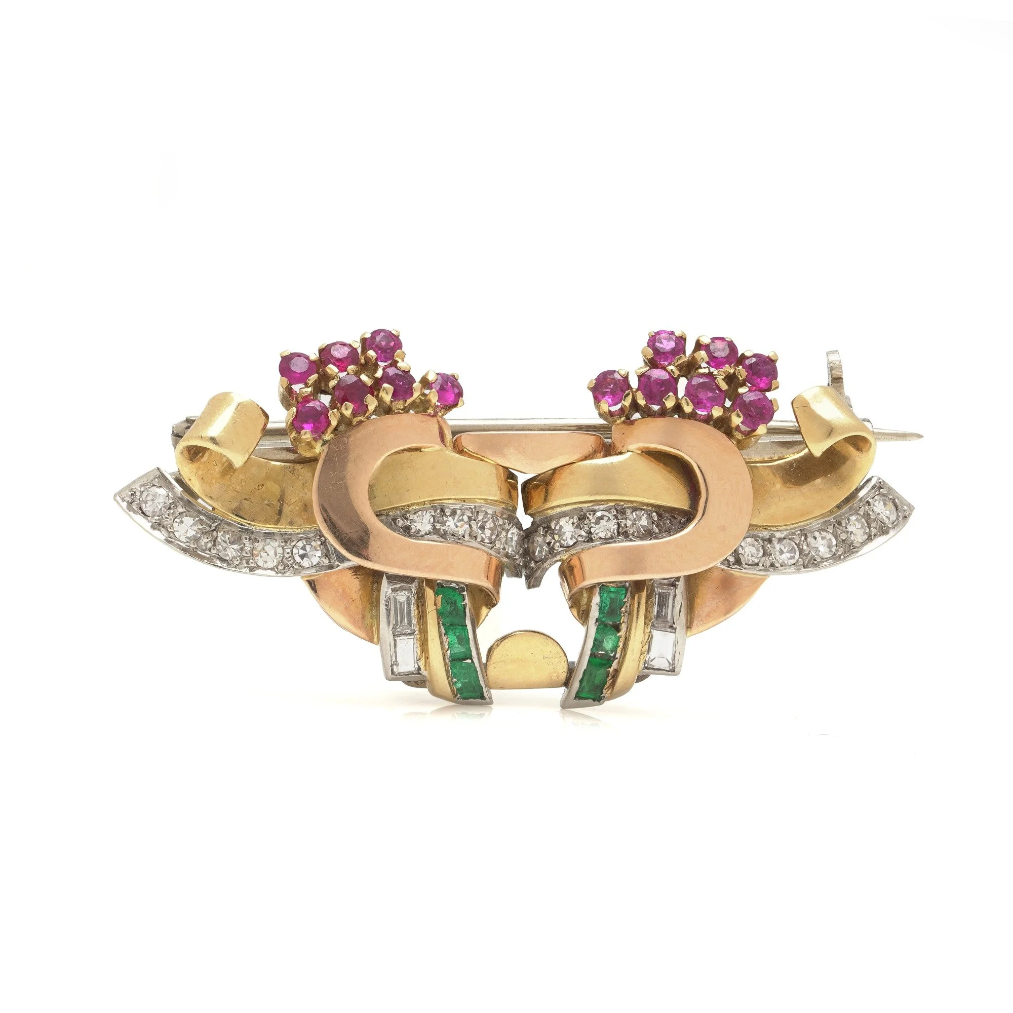 Retro Ruby, Emerald & Diamond Double Clip Brooch, 18KT Gold