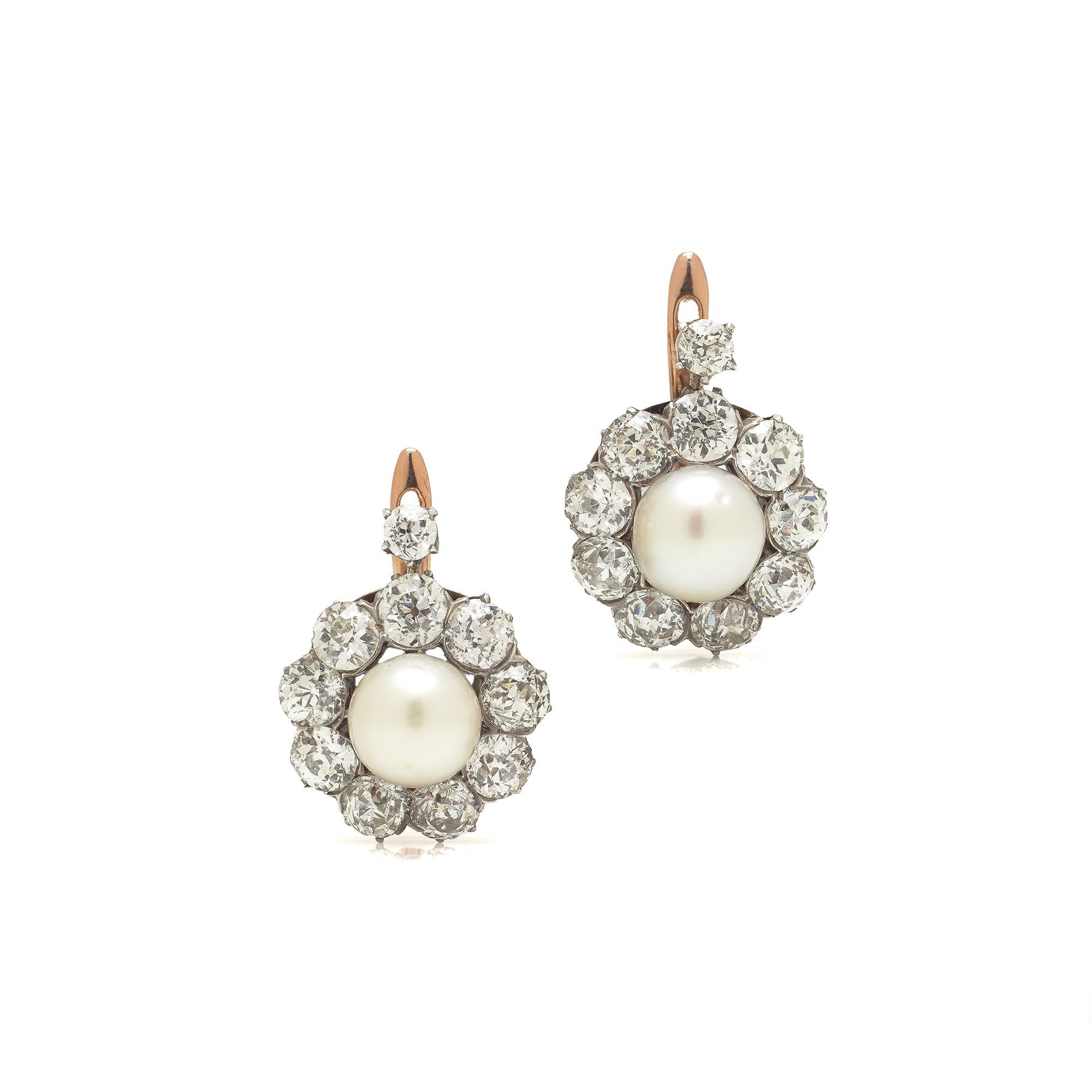Victorian Natural Pearl & Diamond Cluster Earrings, 18KT Gold