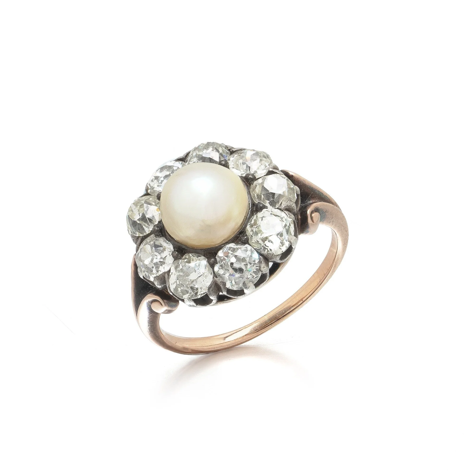 Victorian Natural Pearl & 2.70ct Old European Cut Diamond Cluster Ring, 18KT Gold