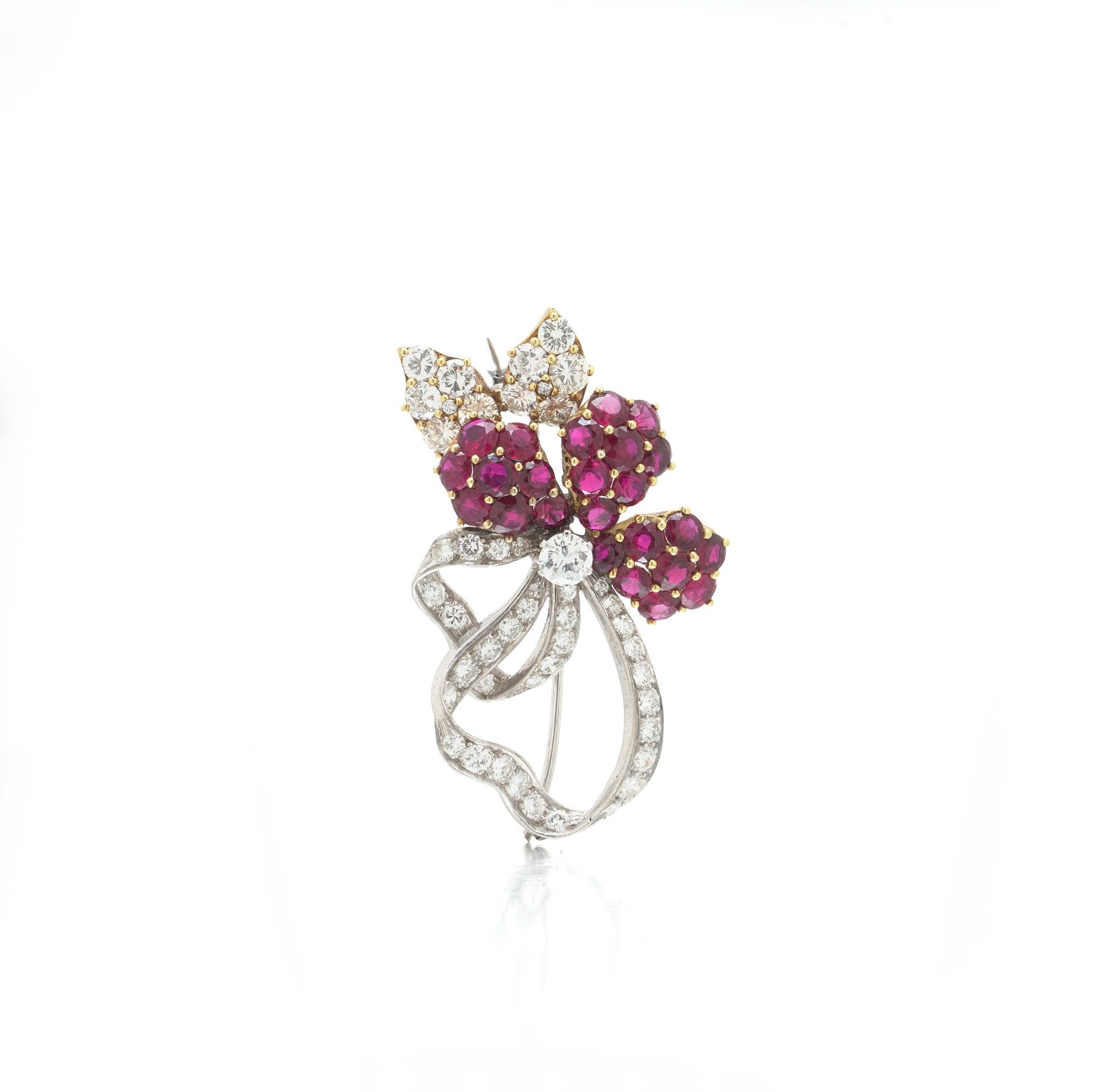 Vintage Ruby & Diamond Flower Brooch, 18KT Gold