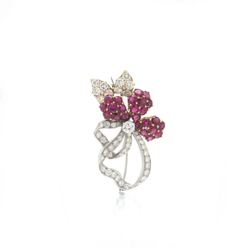 Vintage Ruby & Diamond Flower Brooch, 18KT Gold