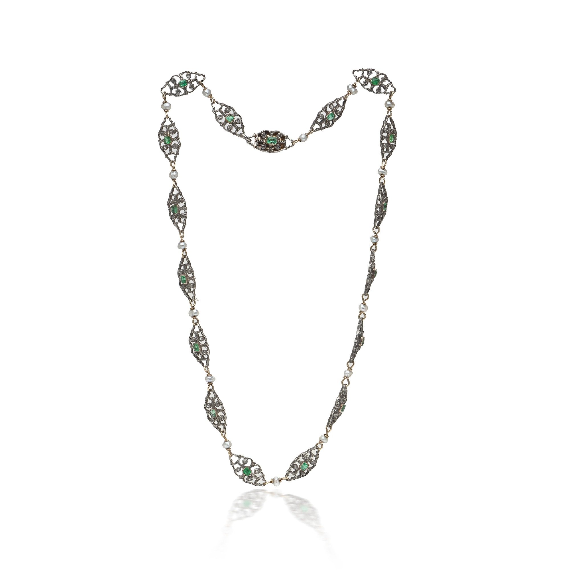 Antique Emerald, Diamond & Pearl Necklace, Silver and Gold
