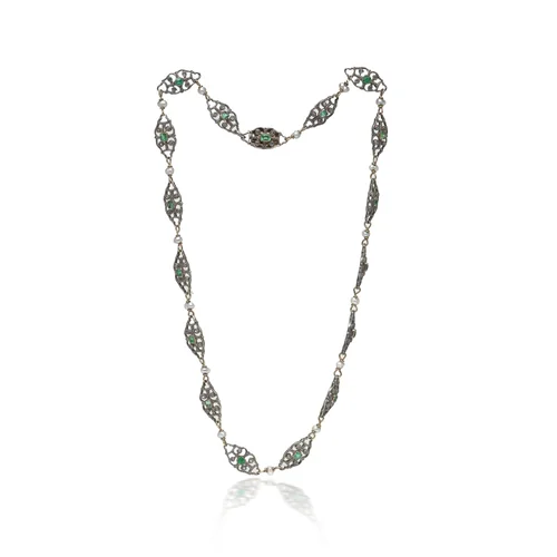 Antique Emerald, Diamond & Pearl Necklace, Silver and Gold