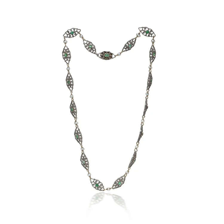 Antique Emerald, Diamond & Pearl Necklace, Silver and Gold
