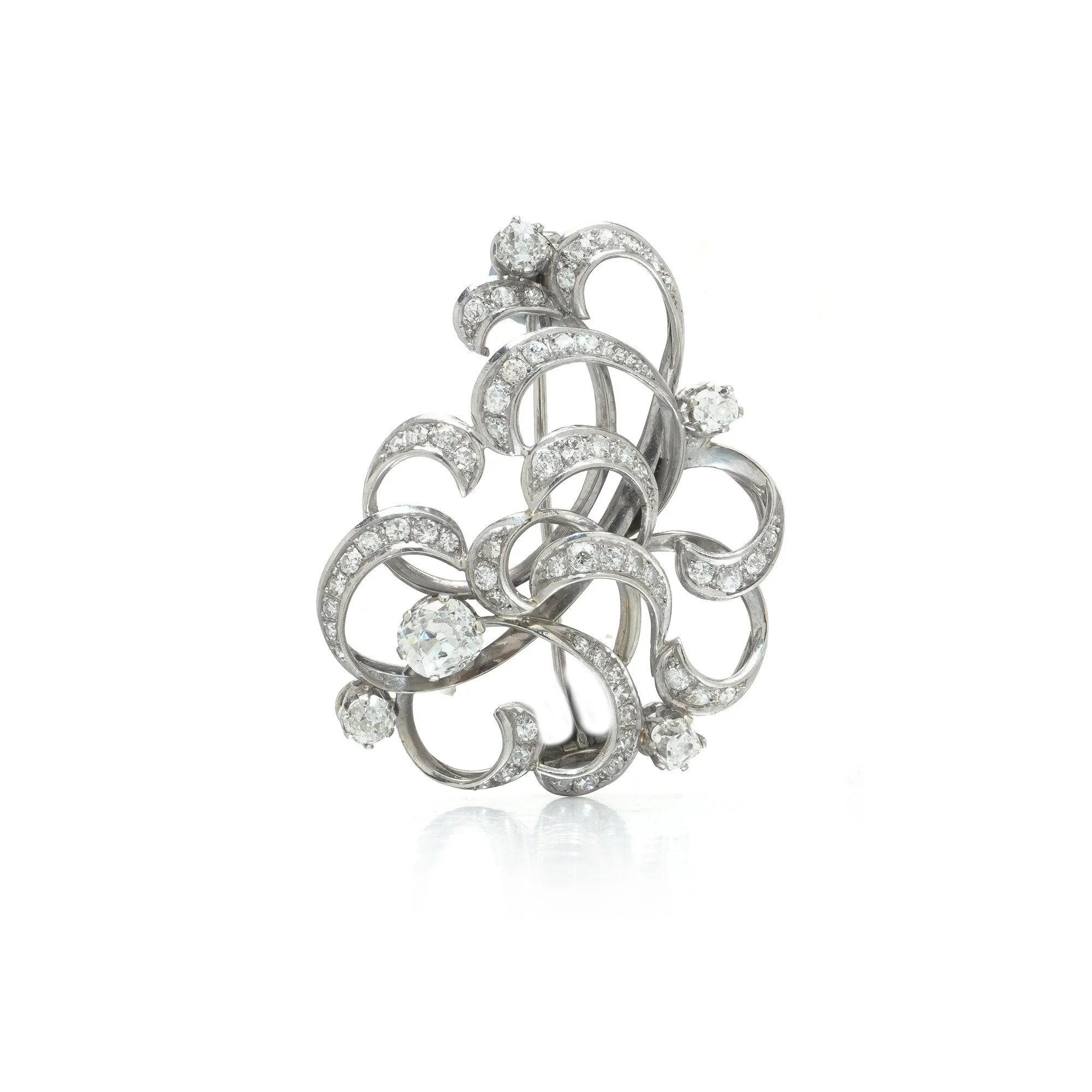 Retro Diamond Scroll Brooch, 14KT White Gold, Old Mine Cut Centre