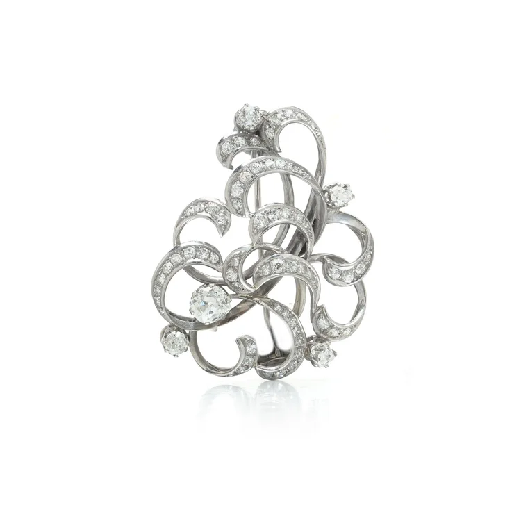 Retro Diamond Scroll Brooch, 14KT White Gold, Old Mine Cut Centre