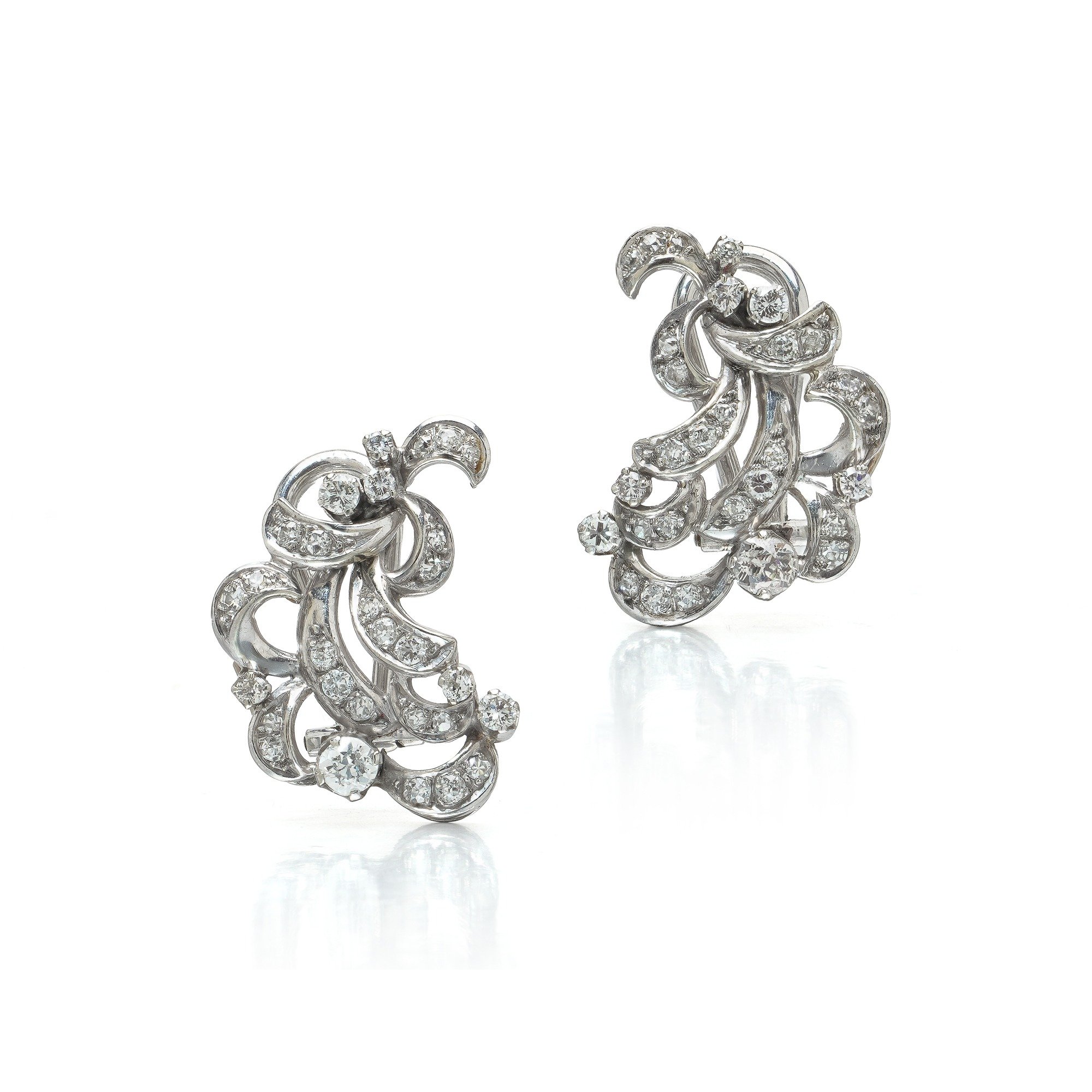 Retro Diamond Scroll Clip-On Earrings, 14KT White Gold