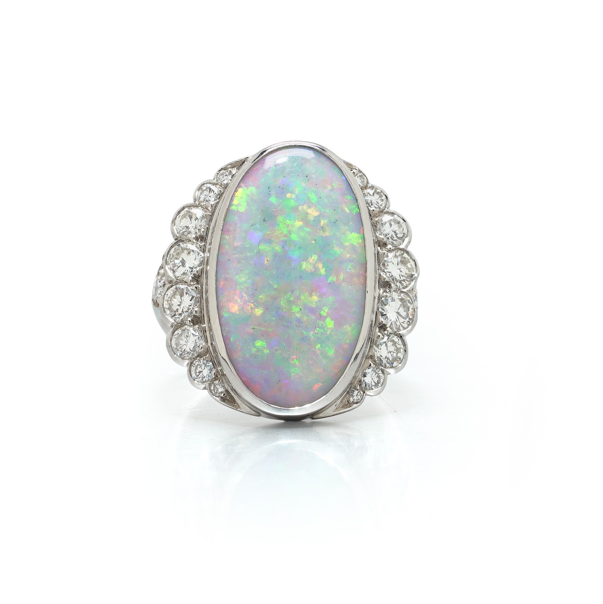 Opal & Diamond Ring, 18KT White Gold, English 1970s