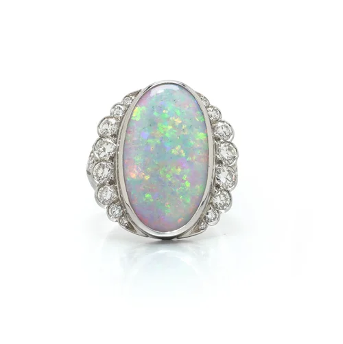Opal & Diamond Ring, 18KT White Gold, English 1970s