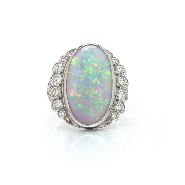 Opal & Diamond Ring, 18KT White Gold, English 1970s