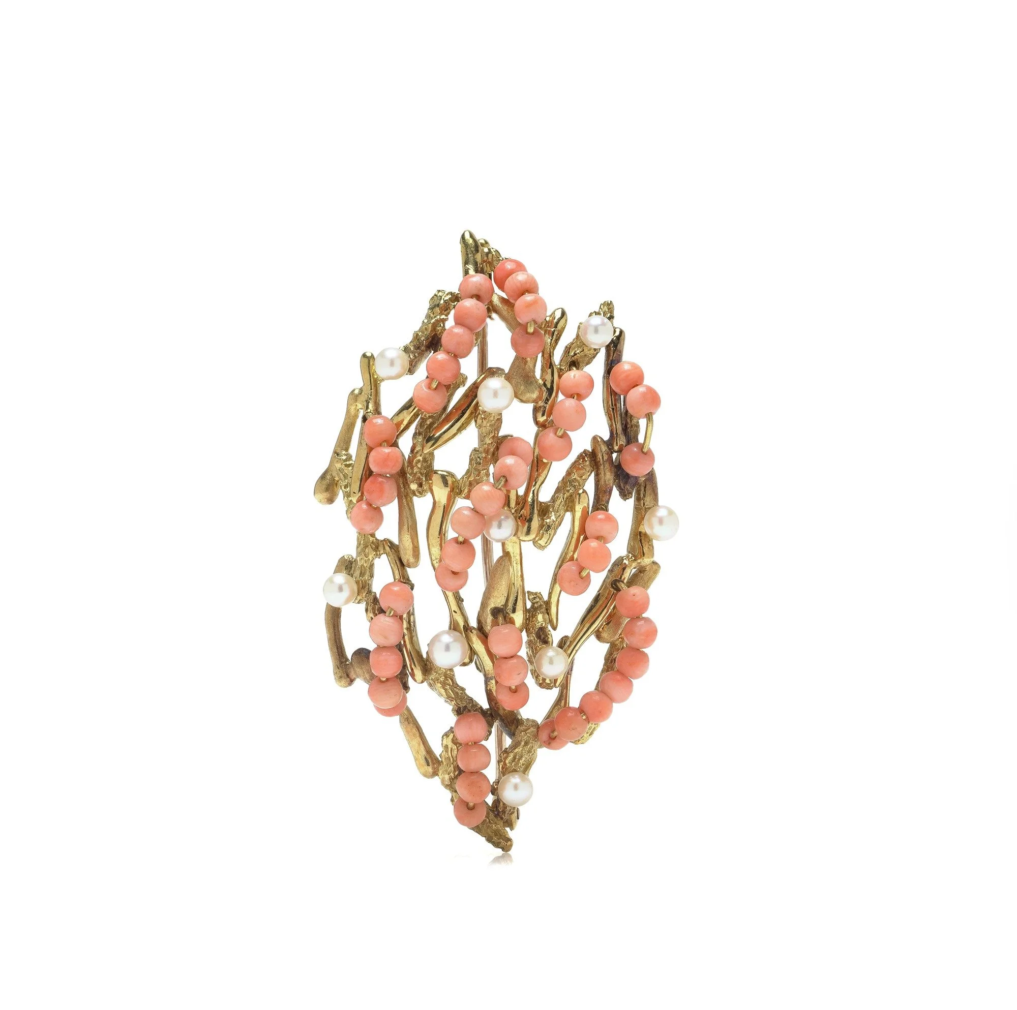John Donald 18KT Gold, Coral & Pearl Brooch, London 1970s