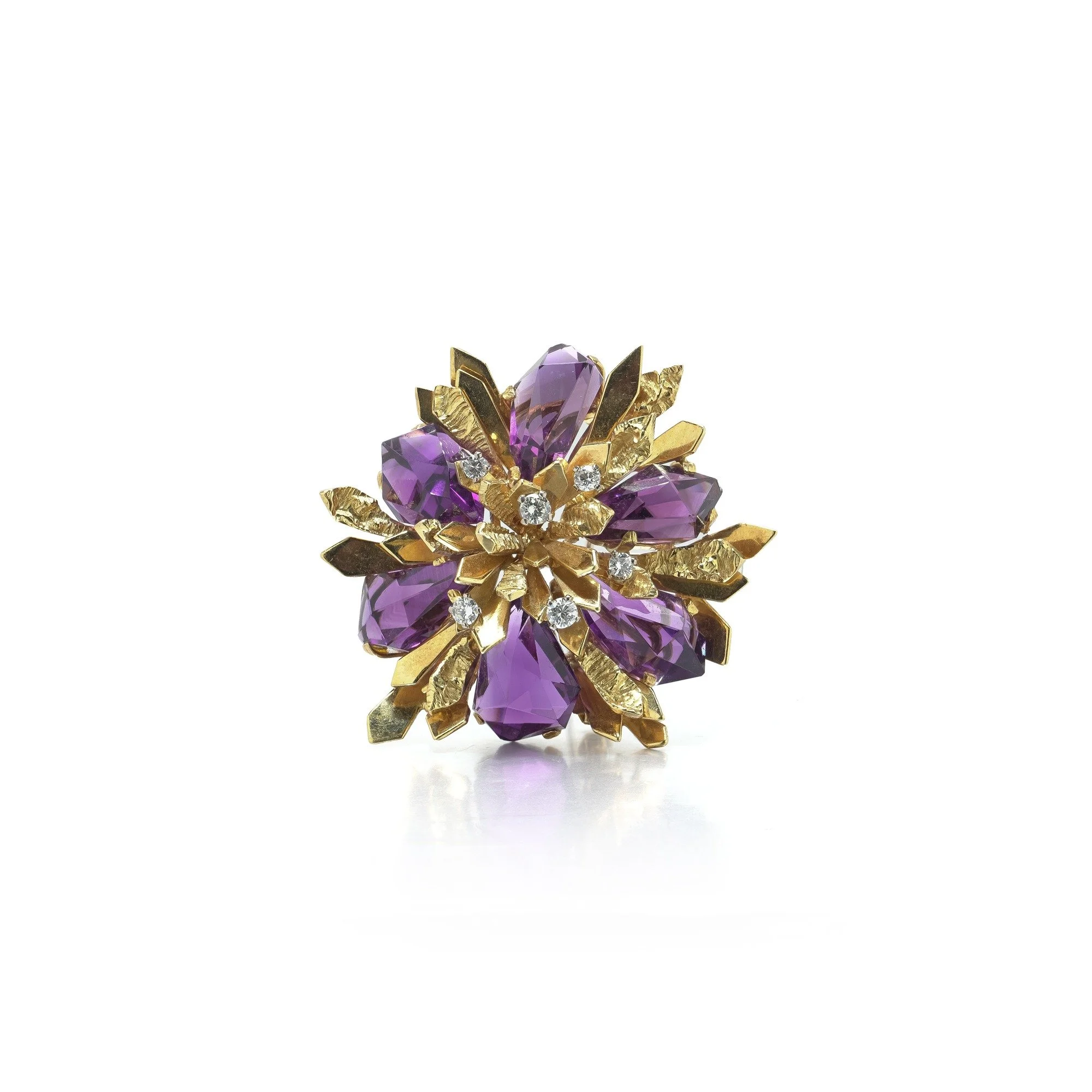 Alan Gard 18KT Gold, Amethyst & Diamond Brooch Pendant, London 1970s