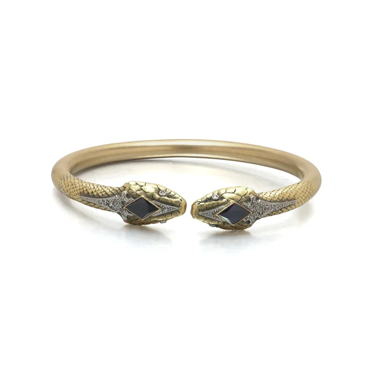 Victorian 18KT Gold Double Snake Bangle, Sapphires & Rose Cut Diamonds