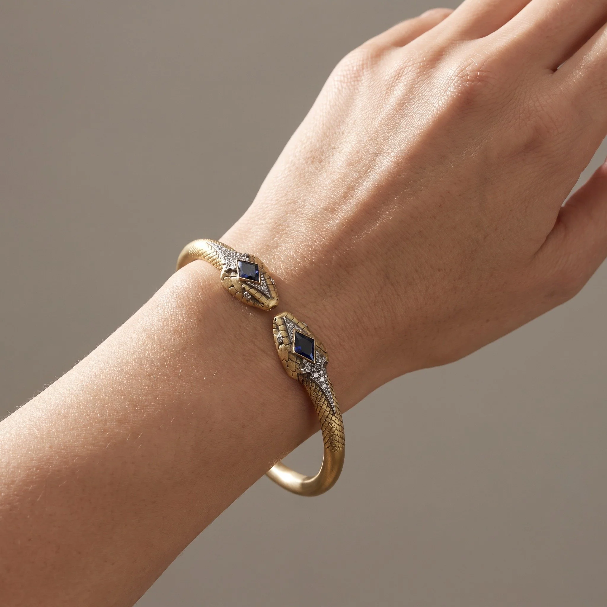 victorian-18kt-gold-double-snake-bangle-sapphire-rose-cut-diamond-02-worn-Mozeris-Fine-Antiques.jpg