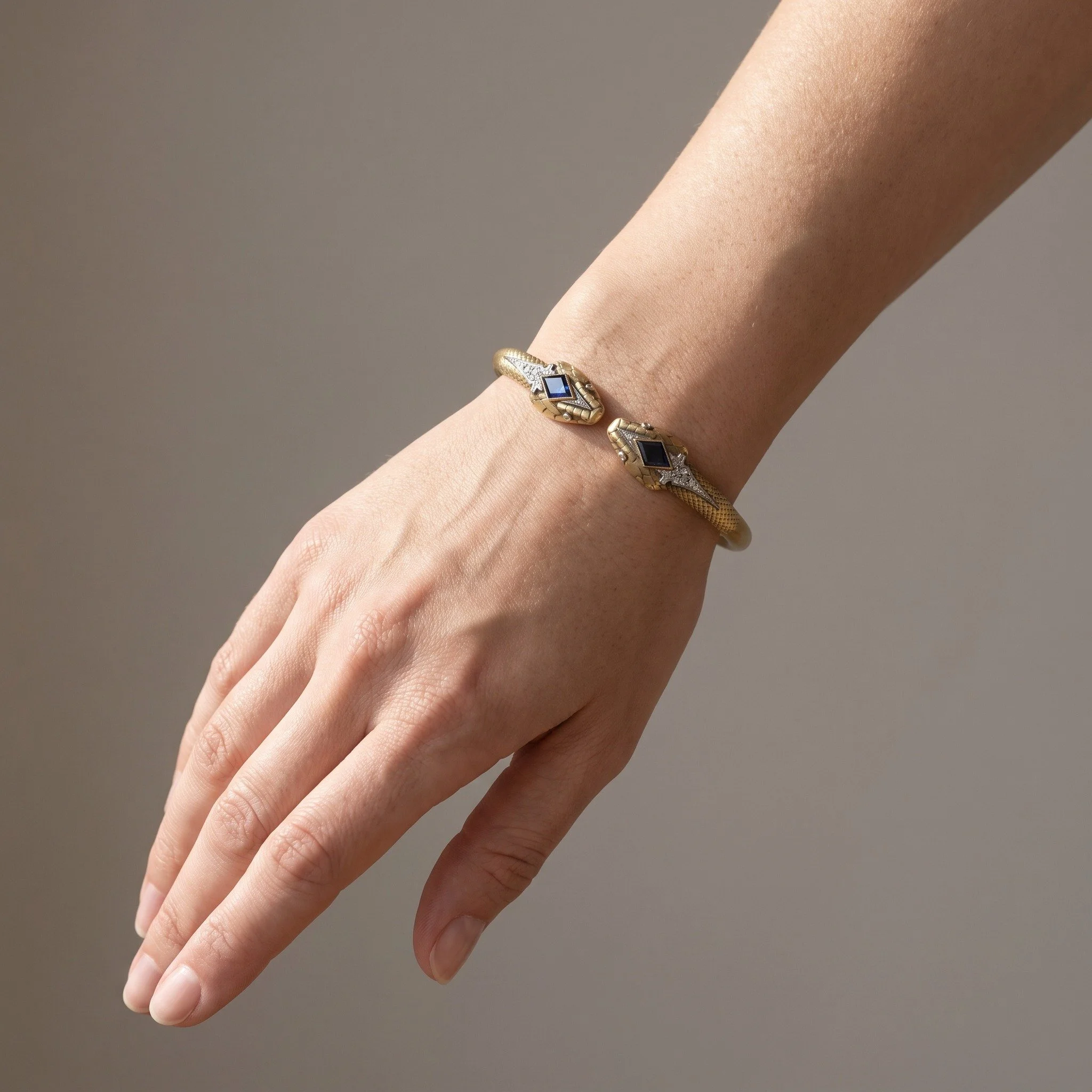victorian-18kt-gold-double-snake-bangle-sapphire-rose-cut-diamond-03-worn-Mozeris-Fine-Antiques.jpg