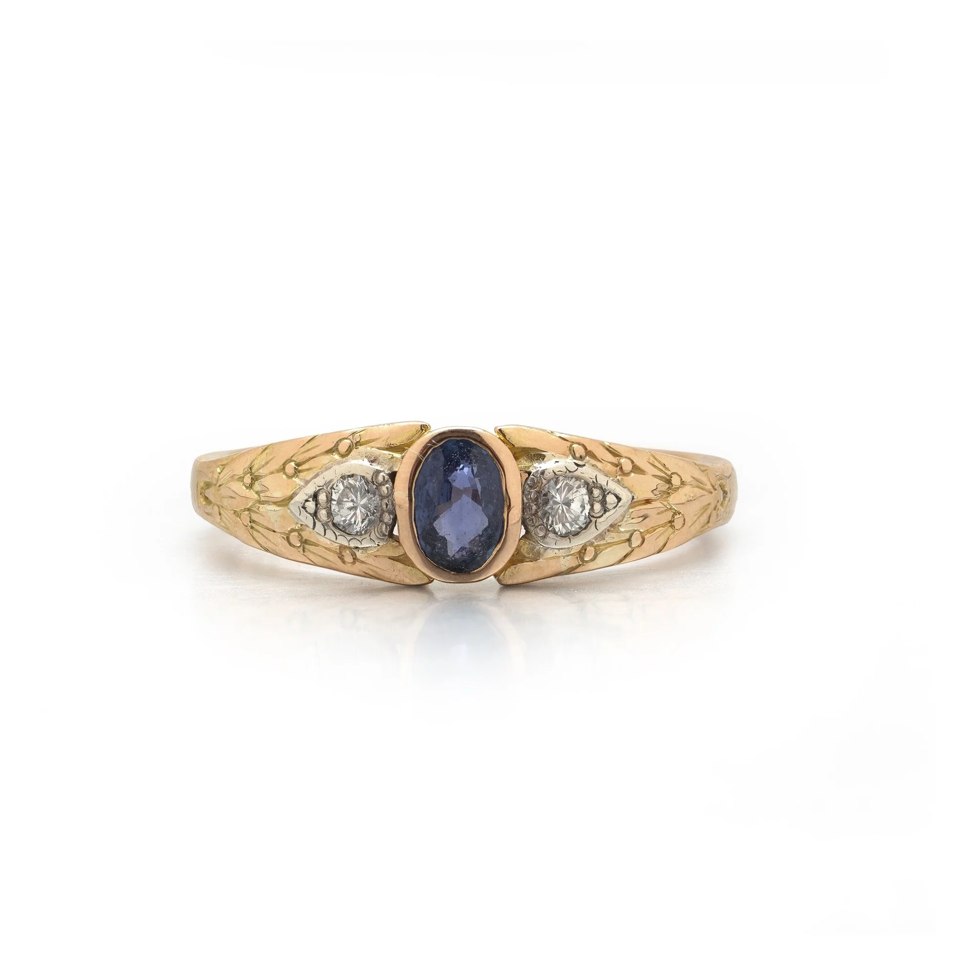 Victorian 15KT Gold Sapphire & Diamond Three Stone Gypsy Ring