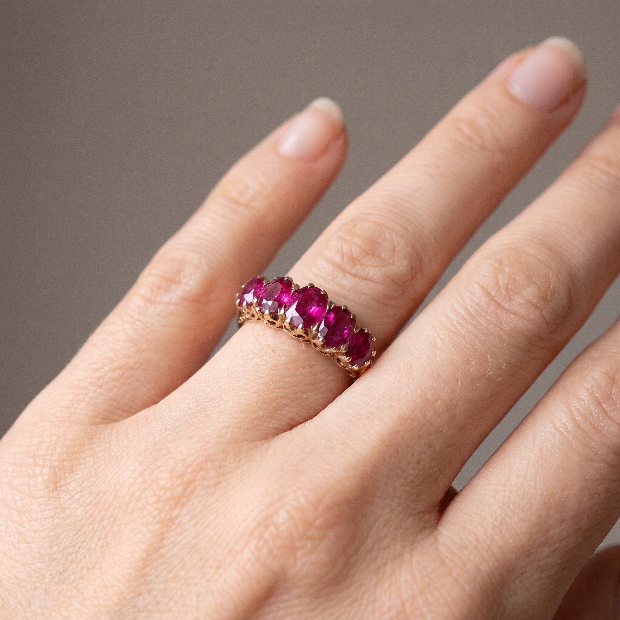 victorian-gold-five-stone-ruby-ring-carved-gallery-02-worn-Mozeris-Fine-Antiques.jpg
