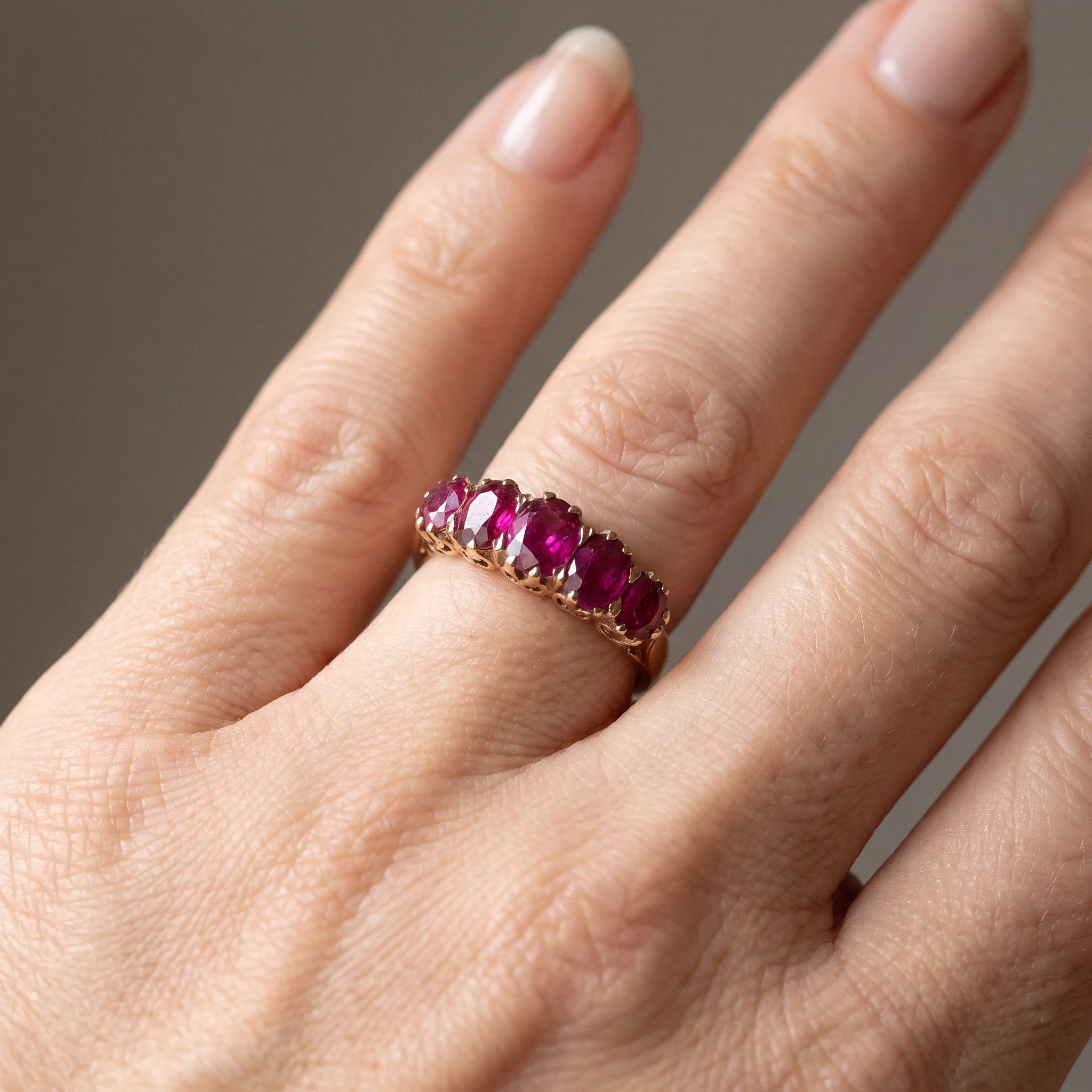 victorian-gold-five-stone-ruby-ring-carved-gallery-03-worn-Mozeris-Fine-Antiques.jpg