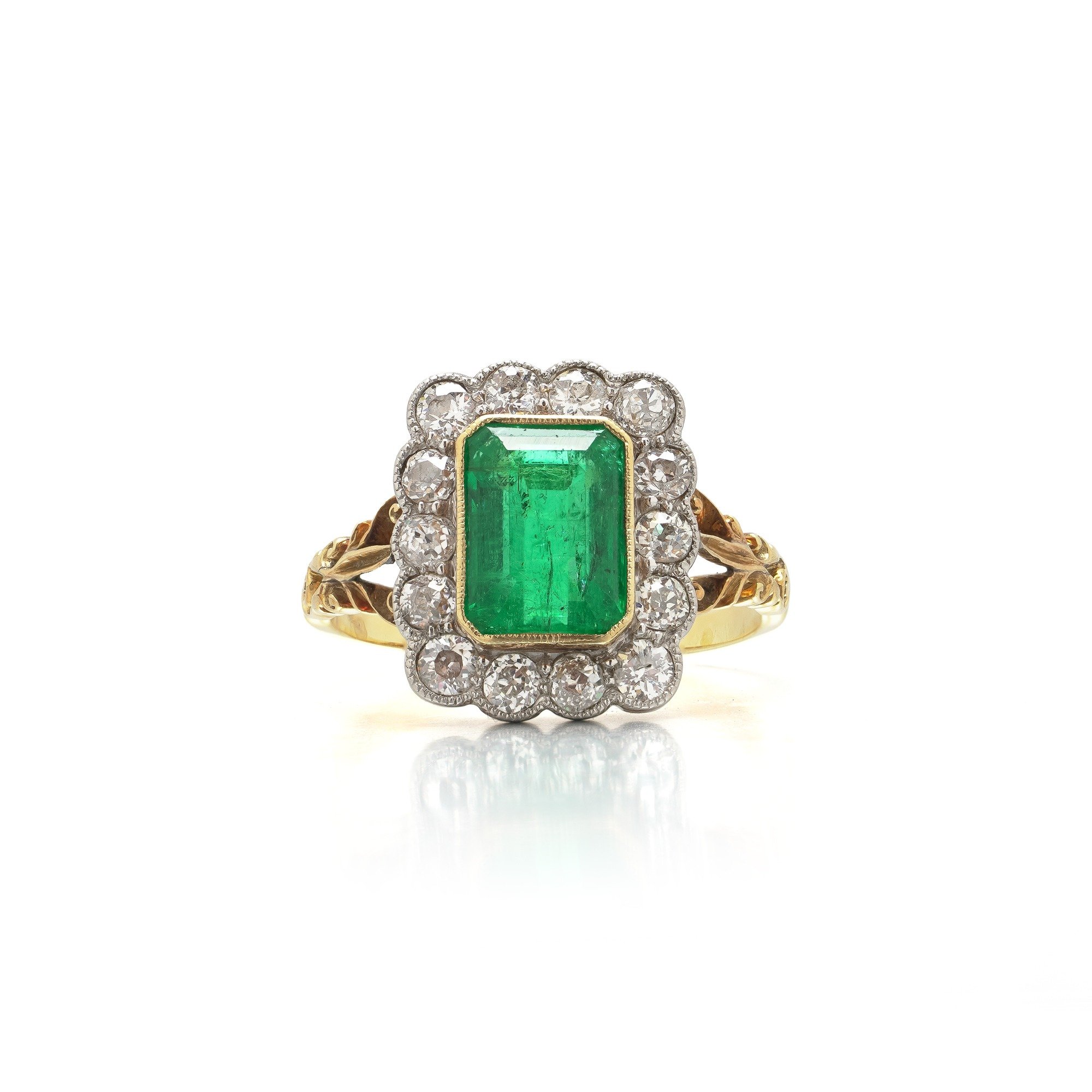 French Art Deco Colombian Emerald & Diamond Cluster Ring, Approx. 2.00 ct