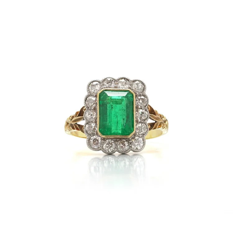 French Art Deco Colombian Emerald & Diamond Cluster Ring, Approx. 2.00 ct