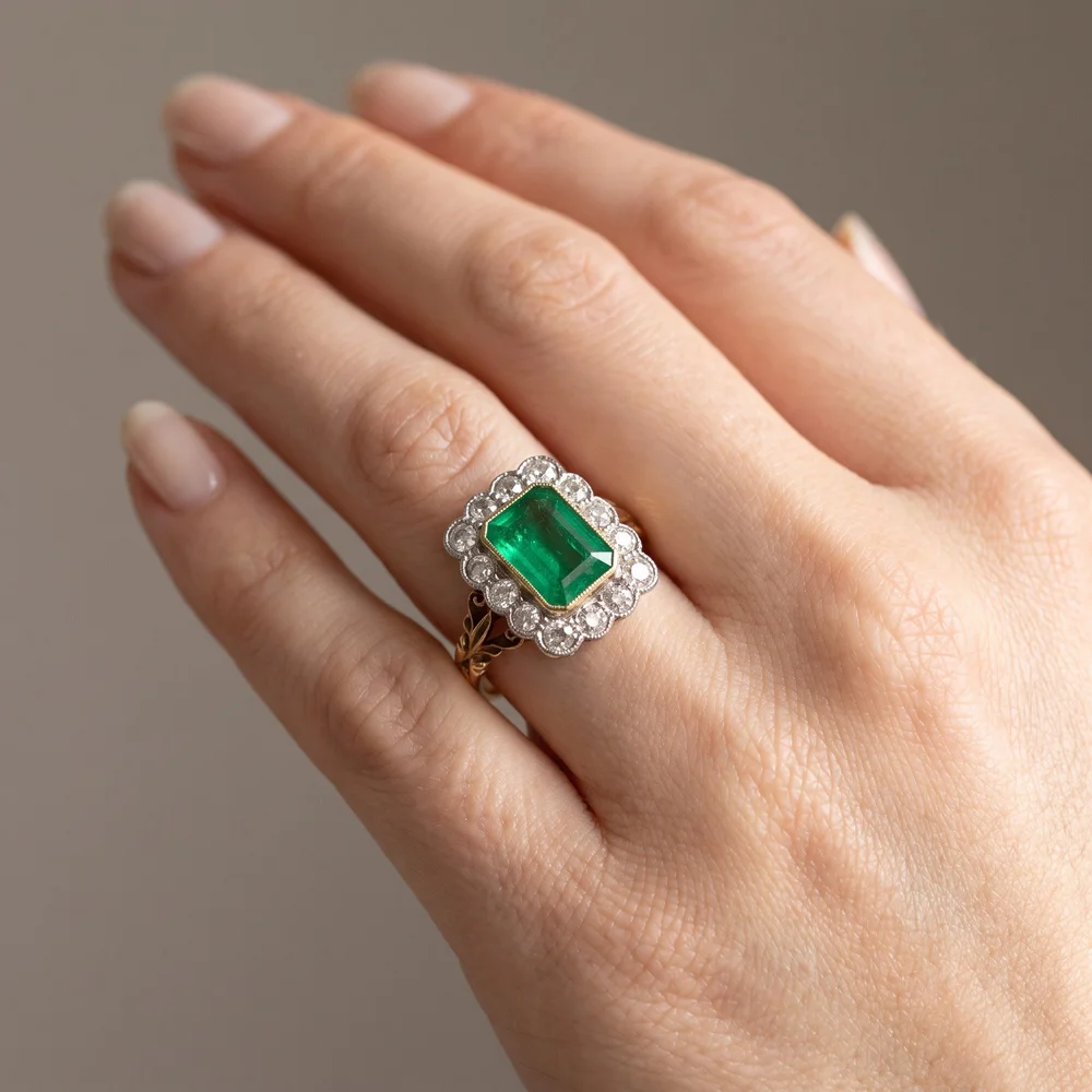 French Art Deco Colombian Emerald & Diamond Cluster Ring, Approx. 2.00 ct