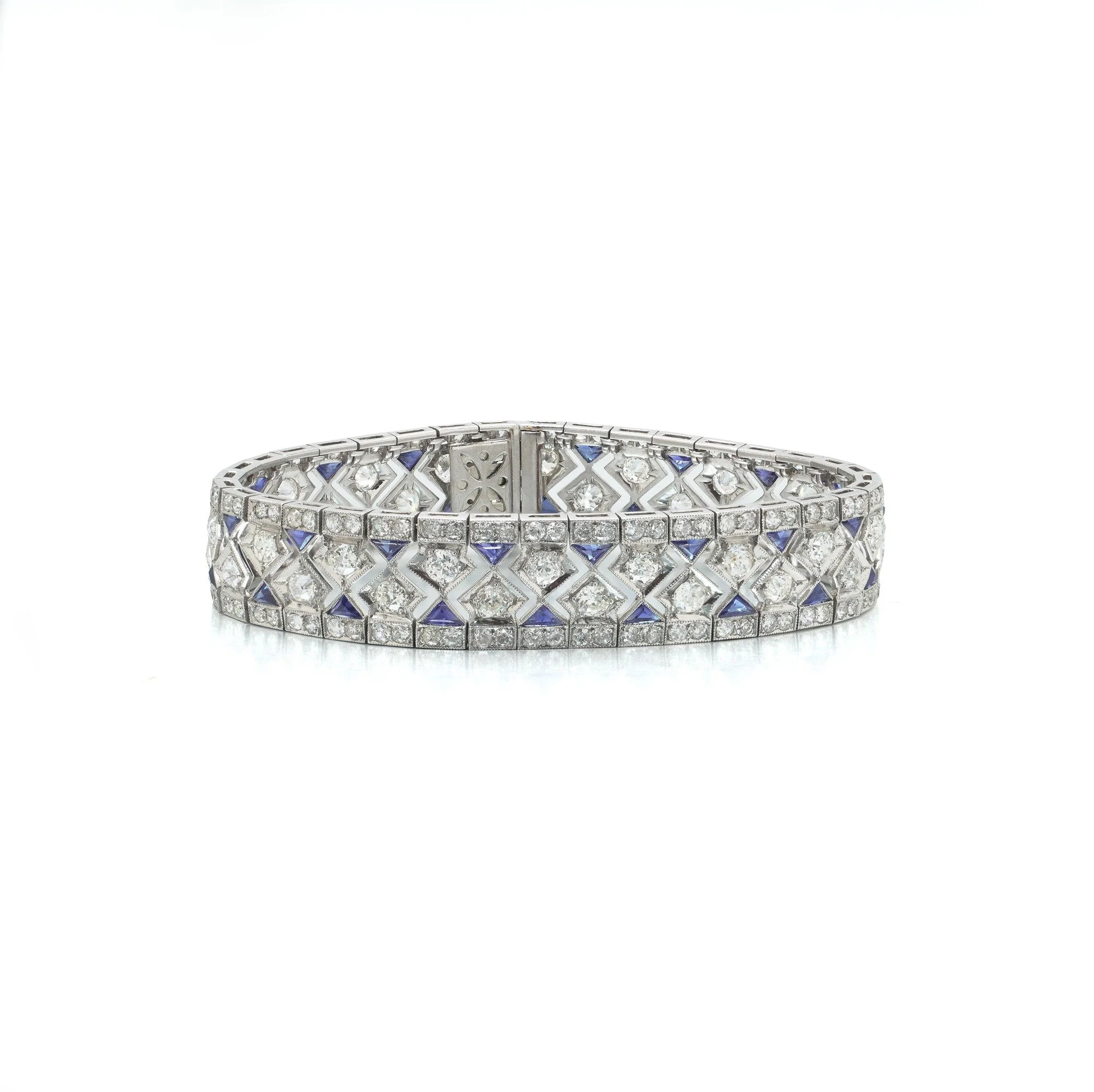 Art Deco Platinum Diamond & Sapphire Bracelet, Approx. 8.28 ct Diamonds