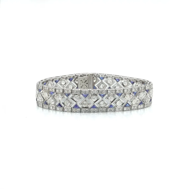 Art Deco Platinum Diamond & Sapphire Bracelet, Approx. 8.28 ct Diamonds