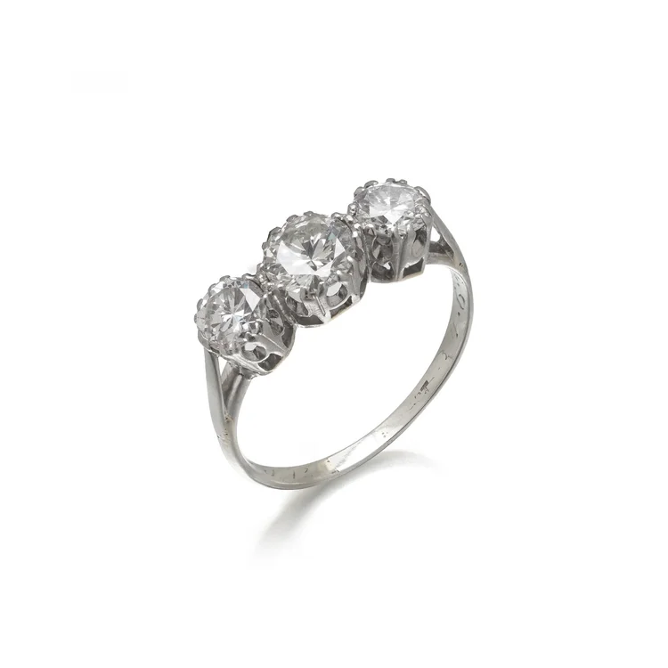 Three Stone Diamond Ring, Approx. 1.30 ct, Dated 1947 and Inscribed
