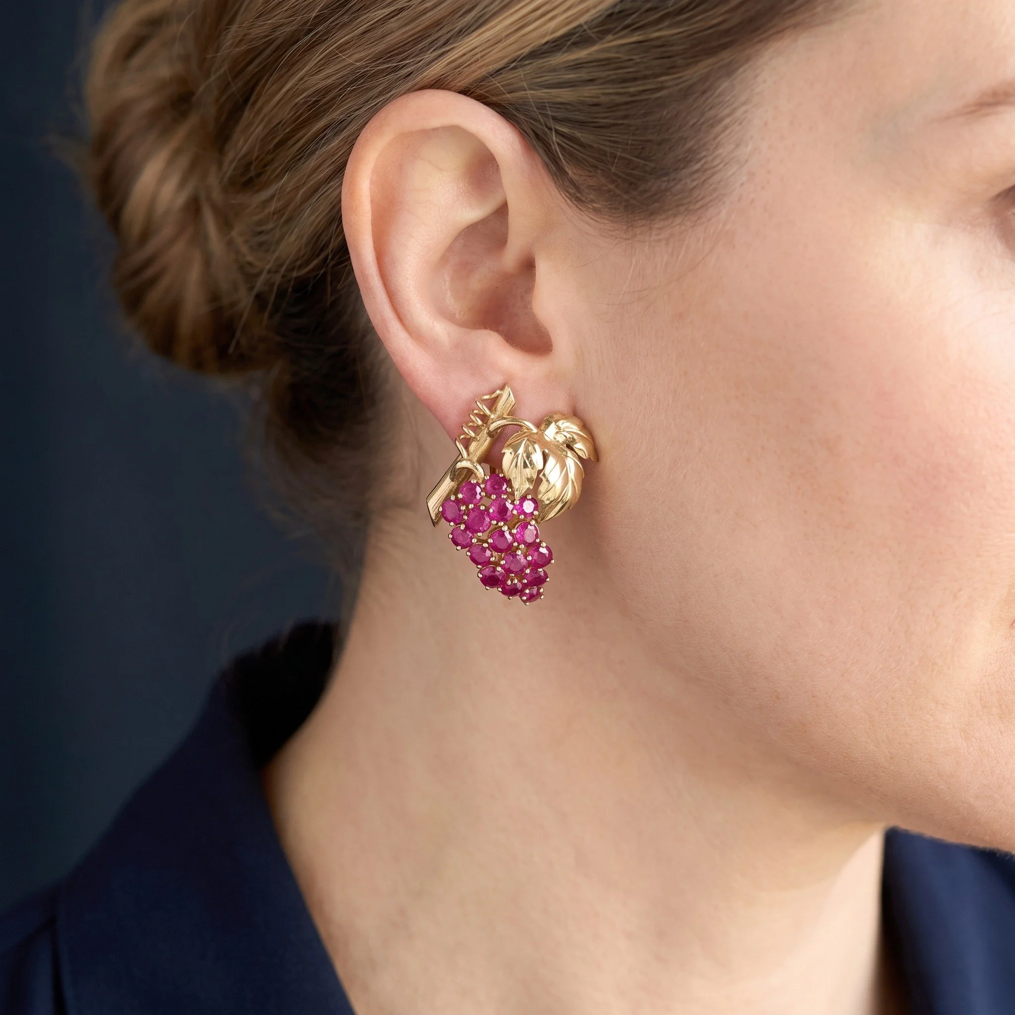 18kt-gold-ruby-grape-cluster-clip-earrings-03-worn-Mozeris-Fine-Antiques.jpg