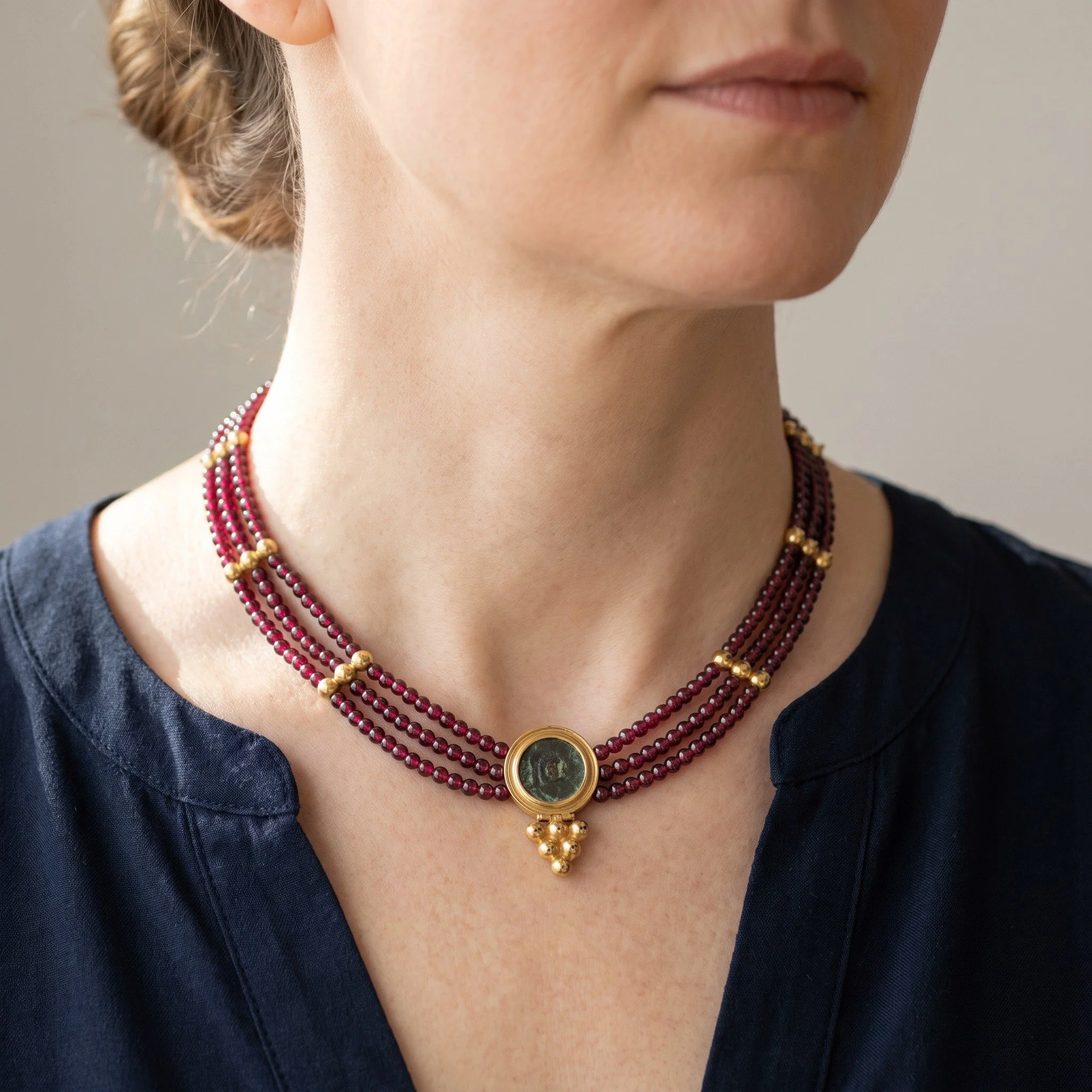 ancient-roman-coin-20kt-gold-multi-strand-bead-necklace-02-worn-Mozeris-Fine-Antiques.jpg
