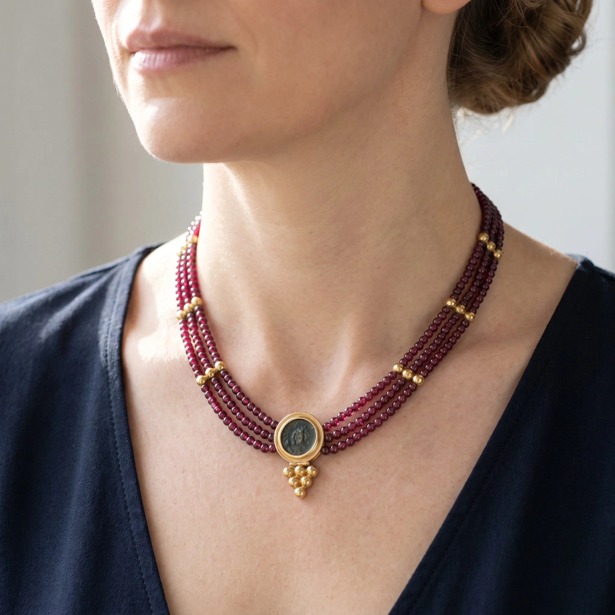ancient-roman-coin-20kt-gold-multi-strand-bead-necklace-03-worn-Mozeris-Fine-Antiques.jpg
